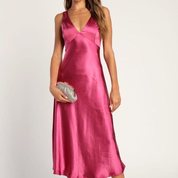 Incredible Love Magenta Satin Cowl Back Midi Slip Dress - Picture 1 of 2